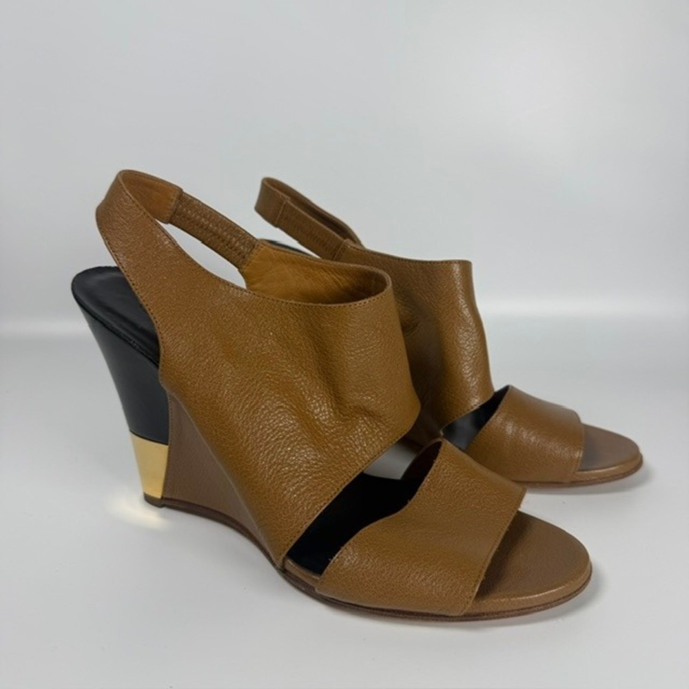 Chloe Eliza Tan Leather Slingback Wedge Sandals Gold Accent | Size 38